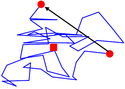 【図1】高分子のモデル
大きさ1のセグメントがn個(今の図では50個)連結した鎖を考える。
この図では3次元での鎖をX-Y平面に投影した図を示している。
●印:末端(始点と終点)、■印:重心、●印同士を結ぶ矢印:末端間距離