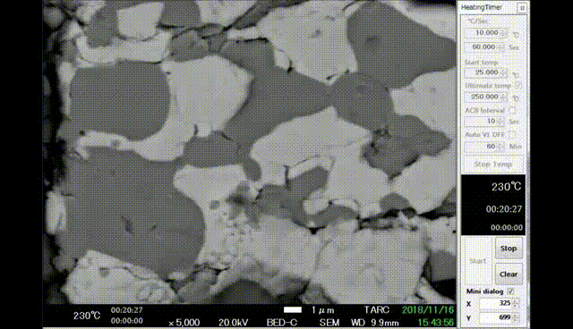 【図2】SEM観察結果(反射電子像)_はんだの共晶組織の溶融過程(動画)

