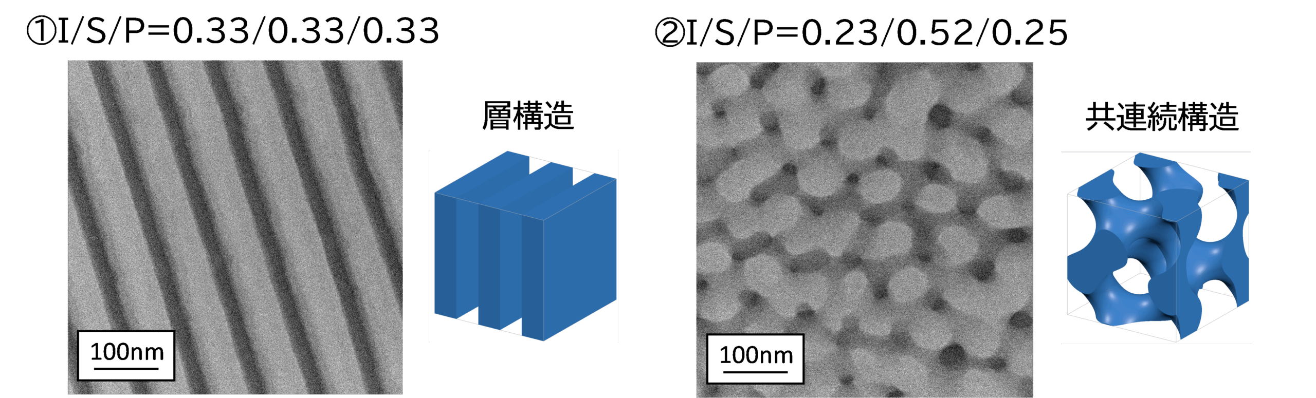 【図1】体積分率が異なるISPのTEM観察結果（Iドメインが染色により暗色に見える）
